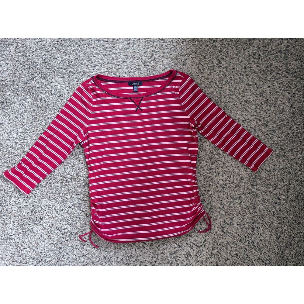 Chaps Active Red White Striped 3/4 Sleeve Top Ruched‎ Sides Size L